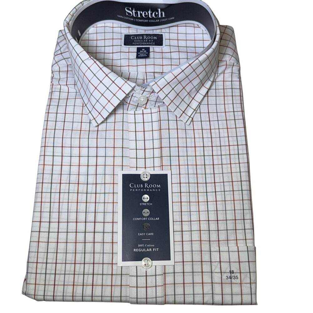 Club Room Men's Window Plaid Dress Shirt, White/red/green  18 34/35 $60